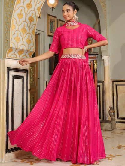 Bright Pink Foil Printed Georgette Lehenga Choli Set