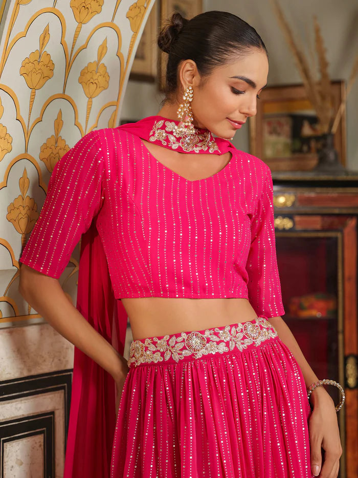 Bright Pink Foil Printed Georgette Lehenga Choli Set