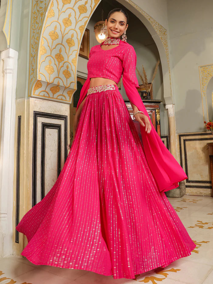 Bright Pink Foil Printed Georgette Lehenga Choli Set