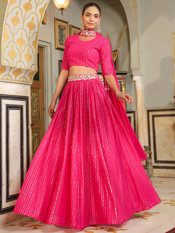 Bright Pink Foil Printed Georgette Lehenga Choli Set