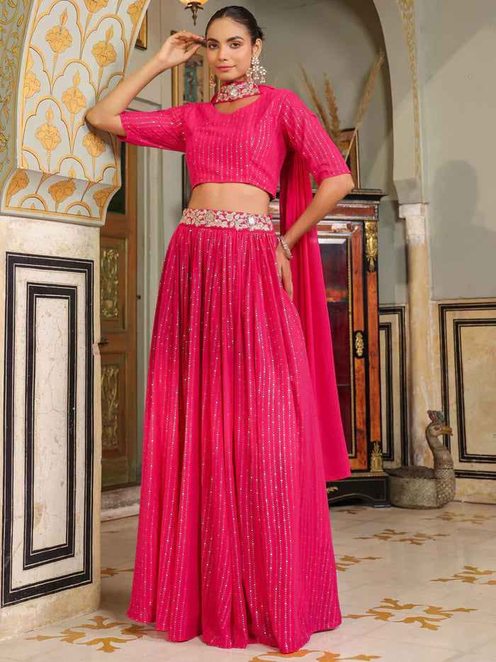 Bright Pink Foil Printed Georgette Lehenga Choli Set