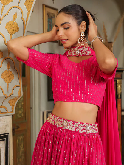 Bright Pink Foil Printed Georgette Lehenga Choli Set