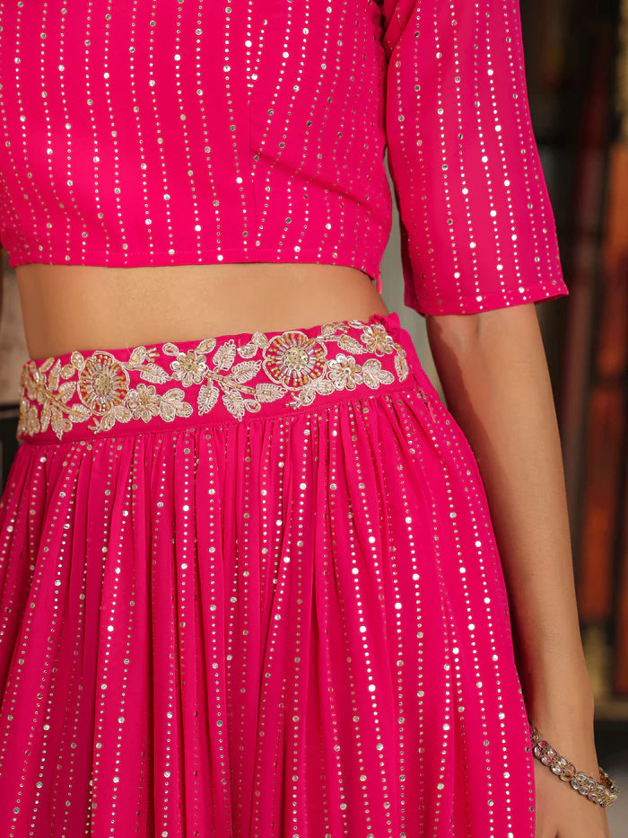 Bright Pink Foil Printed Georgette Lehenga Choli Set