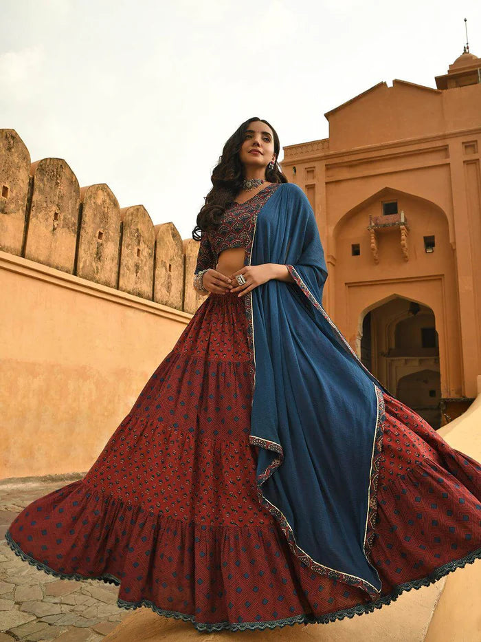 Cotton Block Print Maroon Lehenga Choli Set