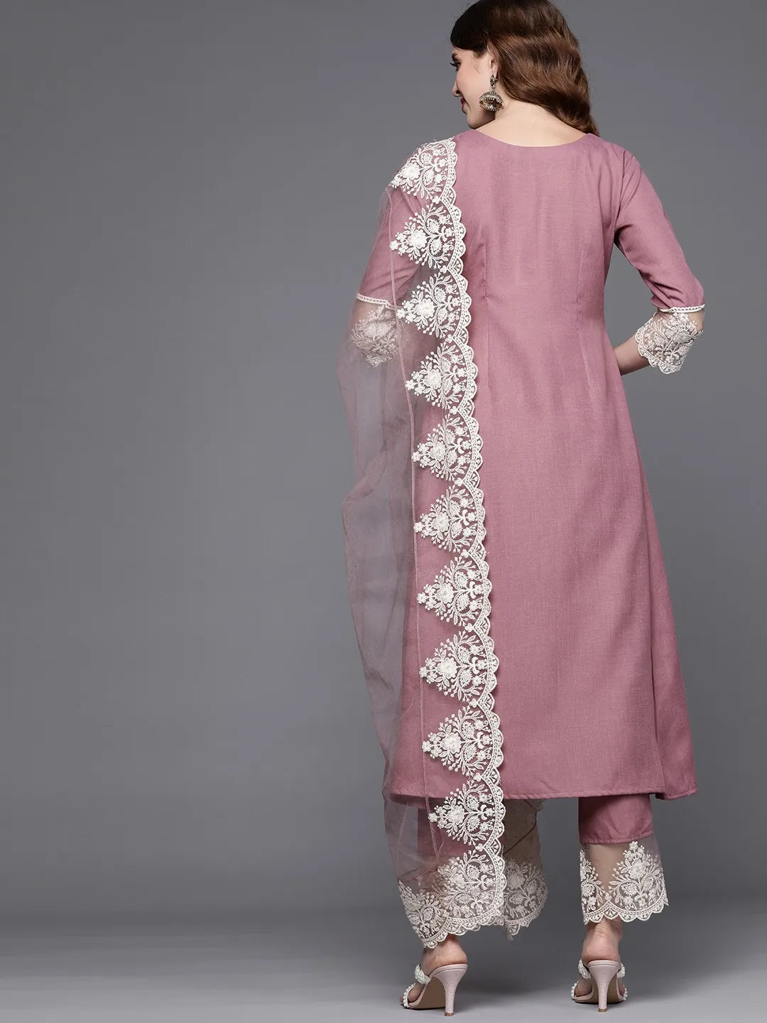 Mauve Cotton Blend Anarkali Kurta with Embroidery Work Dupatta Set