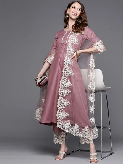 Mauve Cotton Blend Anarkali Kurta with Embroidery Work Dupatta Set