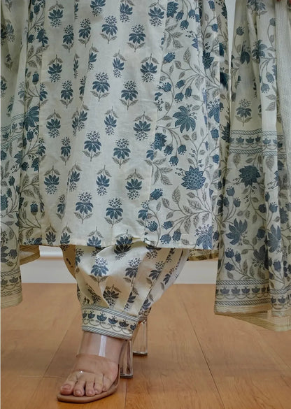 Off White Block Print Mix Rayon Kurta Pant and Dupatta Set