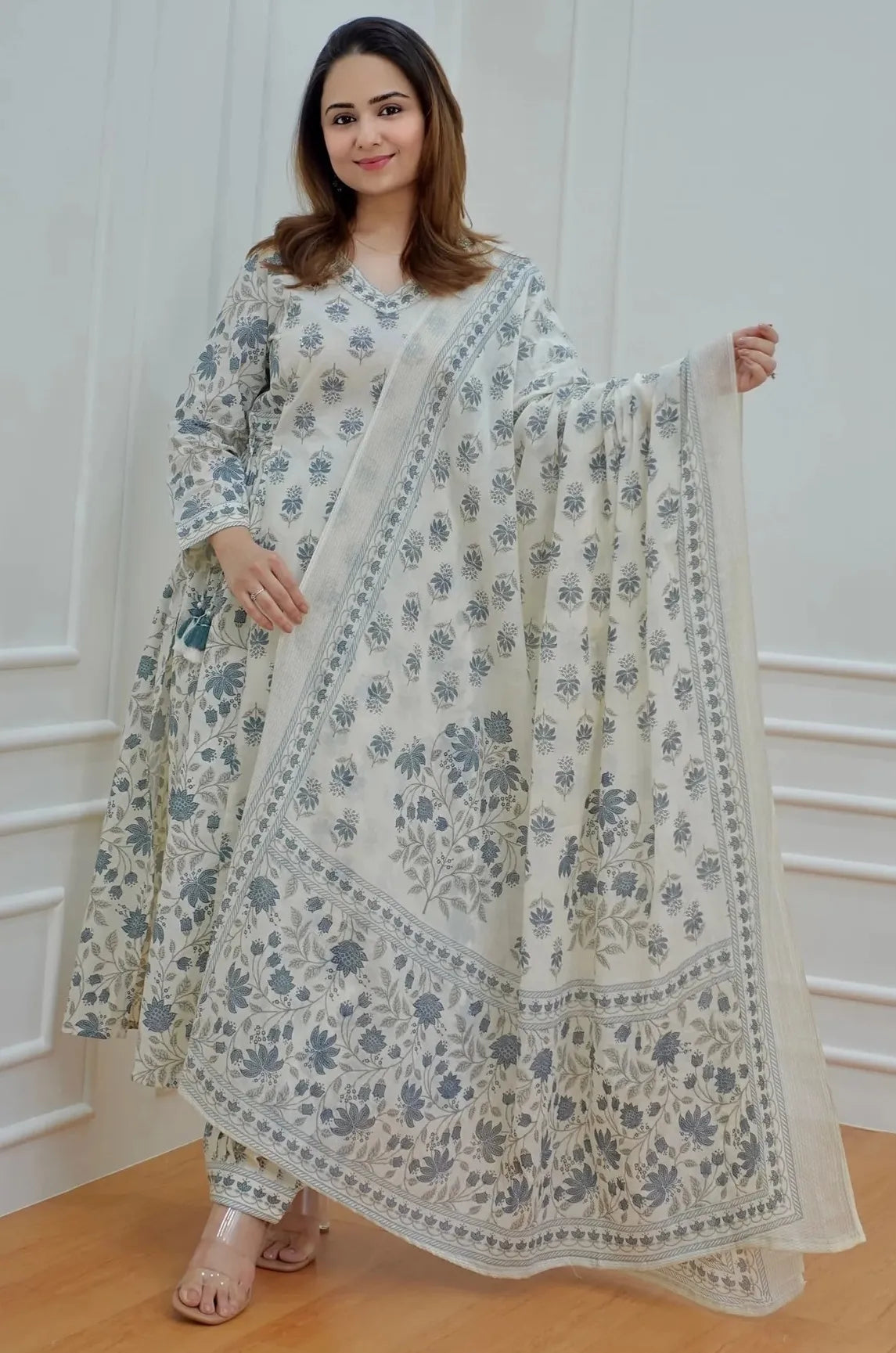 Off White Block Print Mix Rayon Kurta Pant and Dupatta Set
