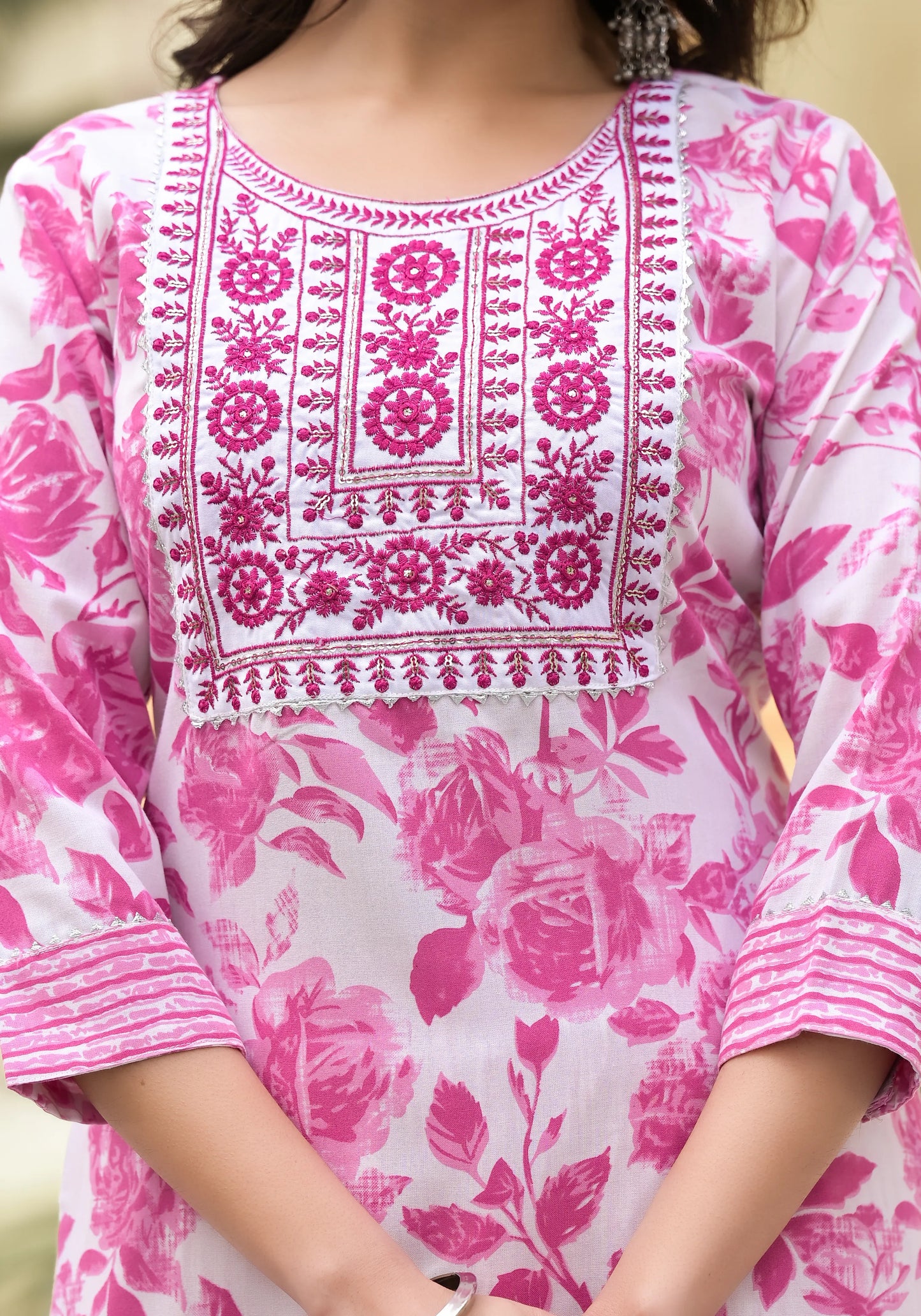 Pink Embroidered Floral Print Viscose Kurta Set