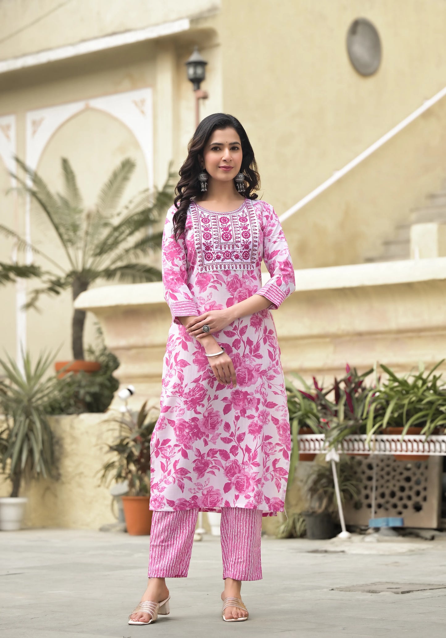 Pink Embroidered Floral Print Viscose Kurta Set