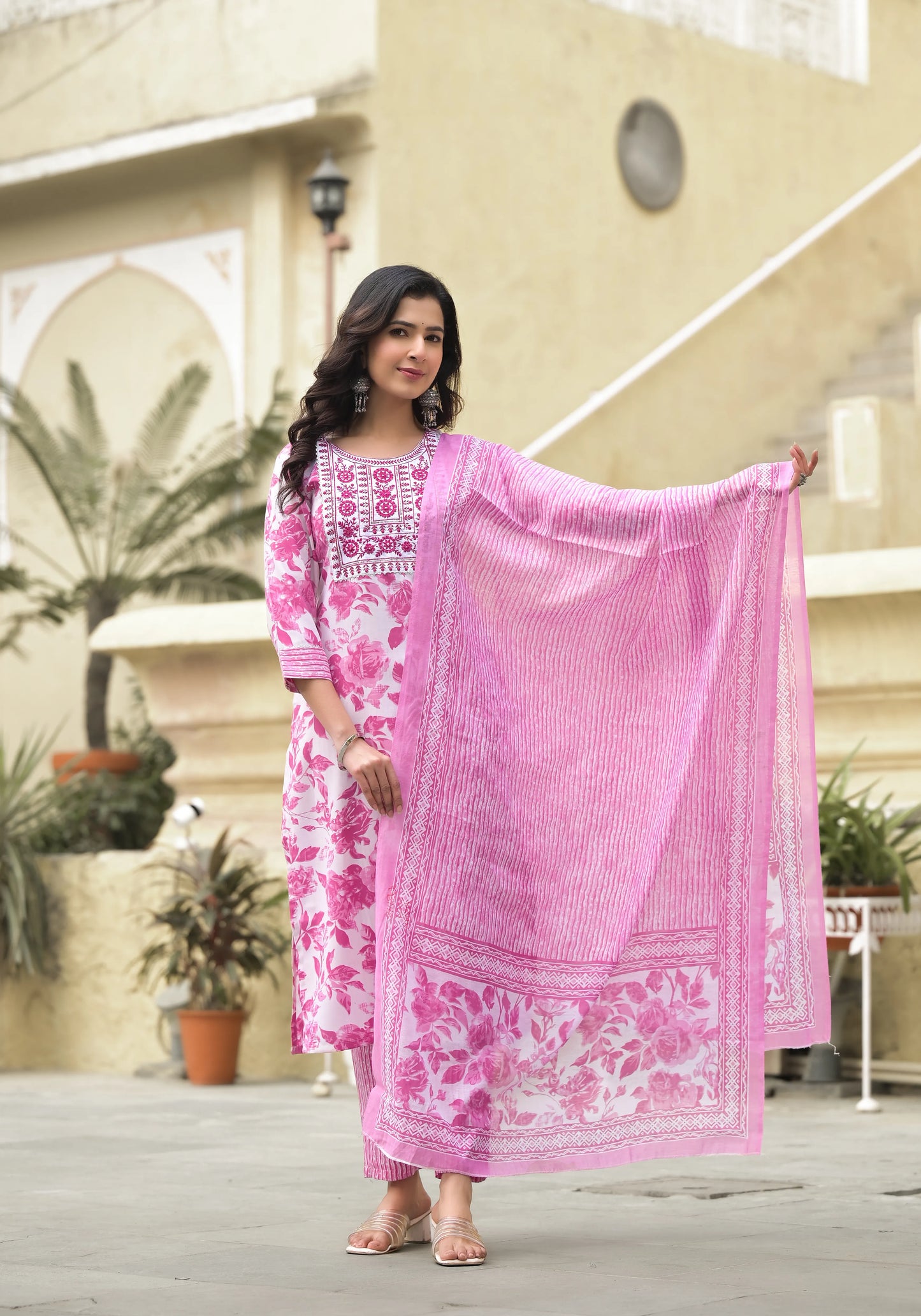 Pink Embroidered Floral Print Viscose Kurta Set