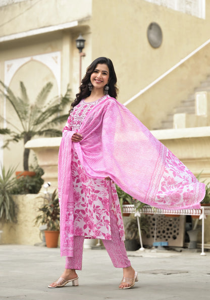 Pink Embroidered Floral Print Viscose Kurta Set