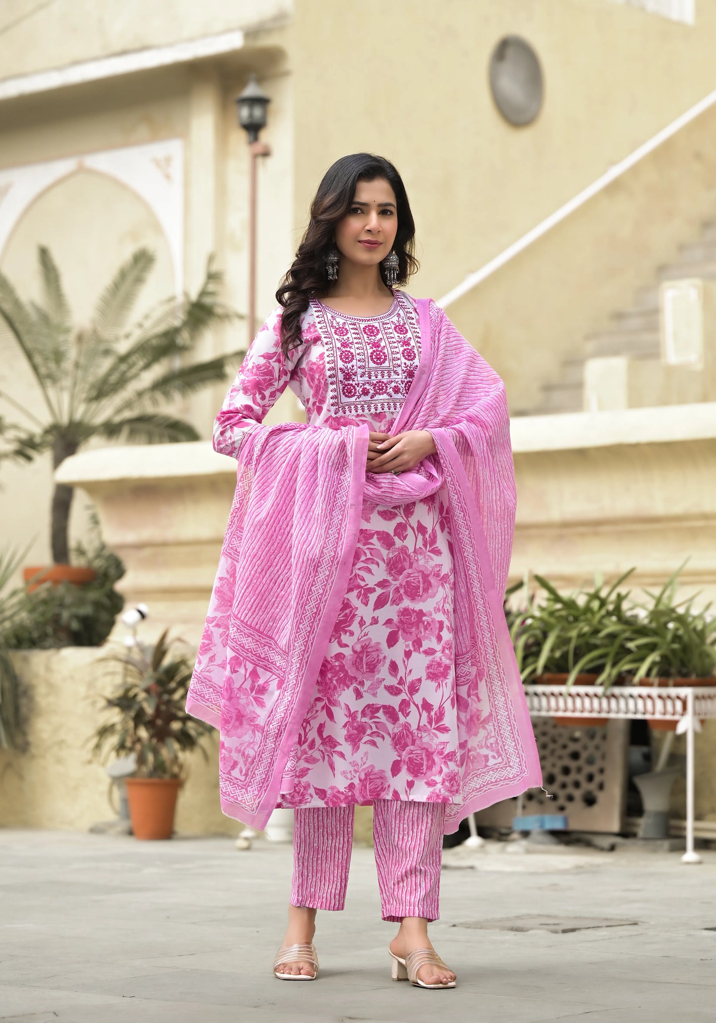 Pink Embroidered Floral Print Viscose Kurta Set