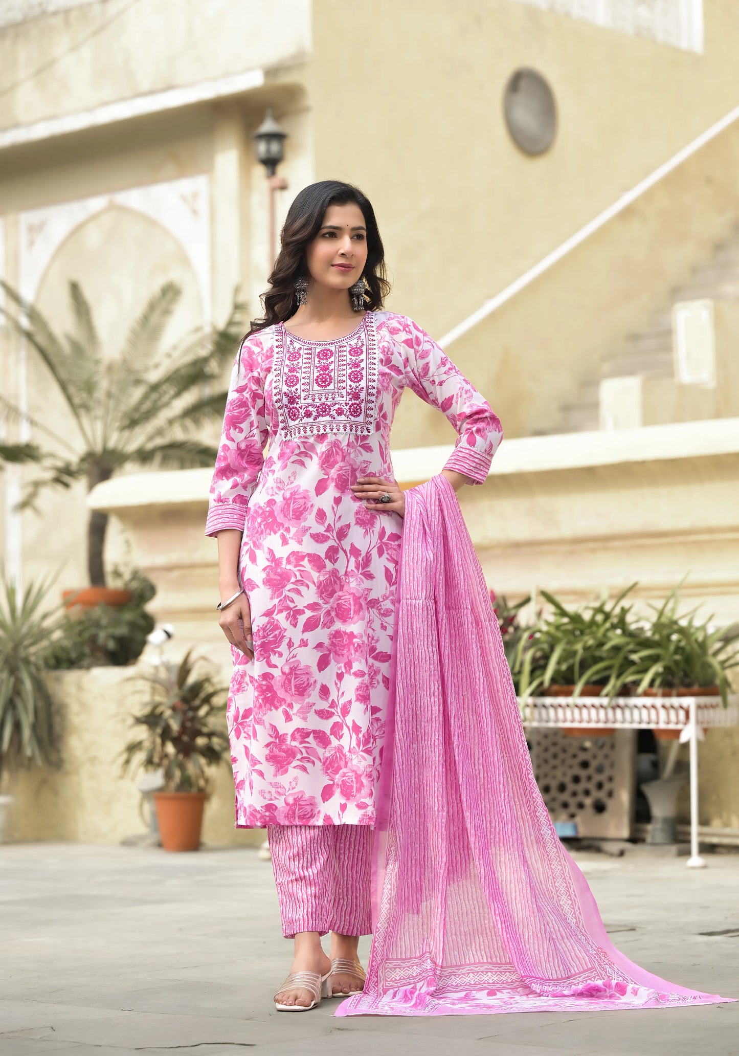 Pink Embroidered Floral Print Viscose Kurta Set