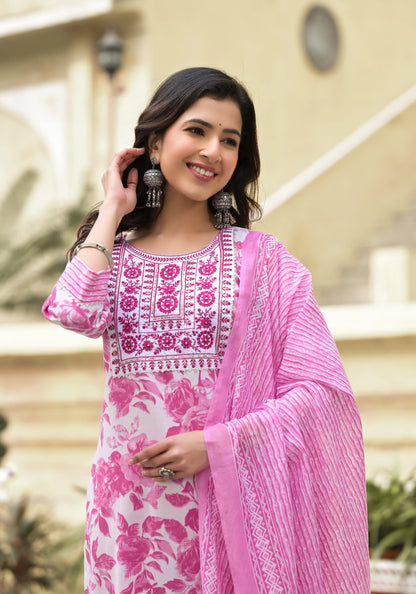 Pink Embroidered Floral Print Viscose Kurta Set