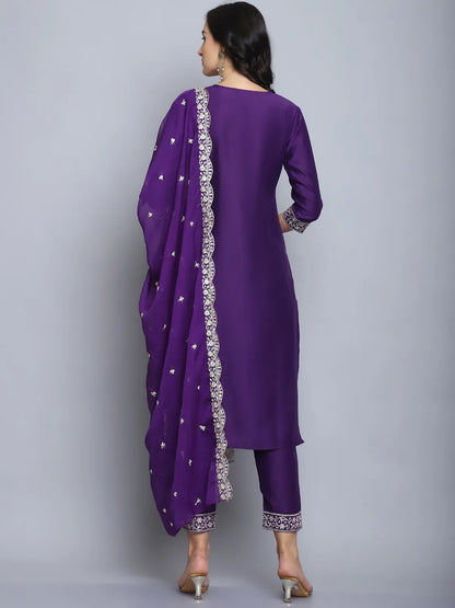 Purple Emboridery Work Silk Kurta Set
