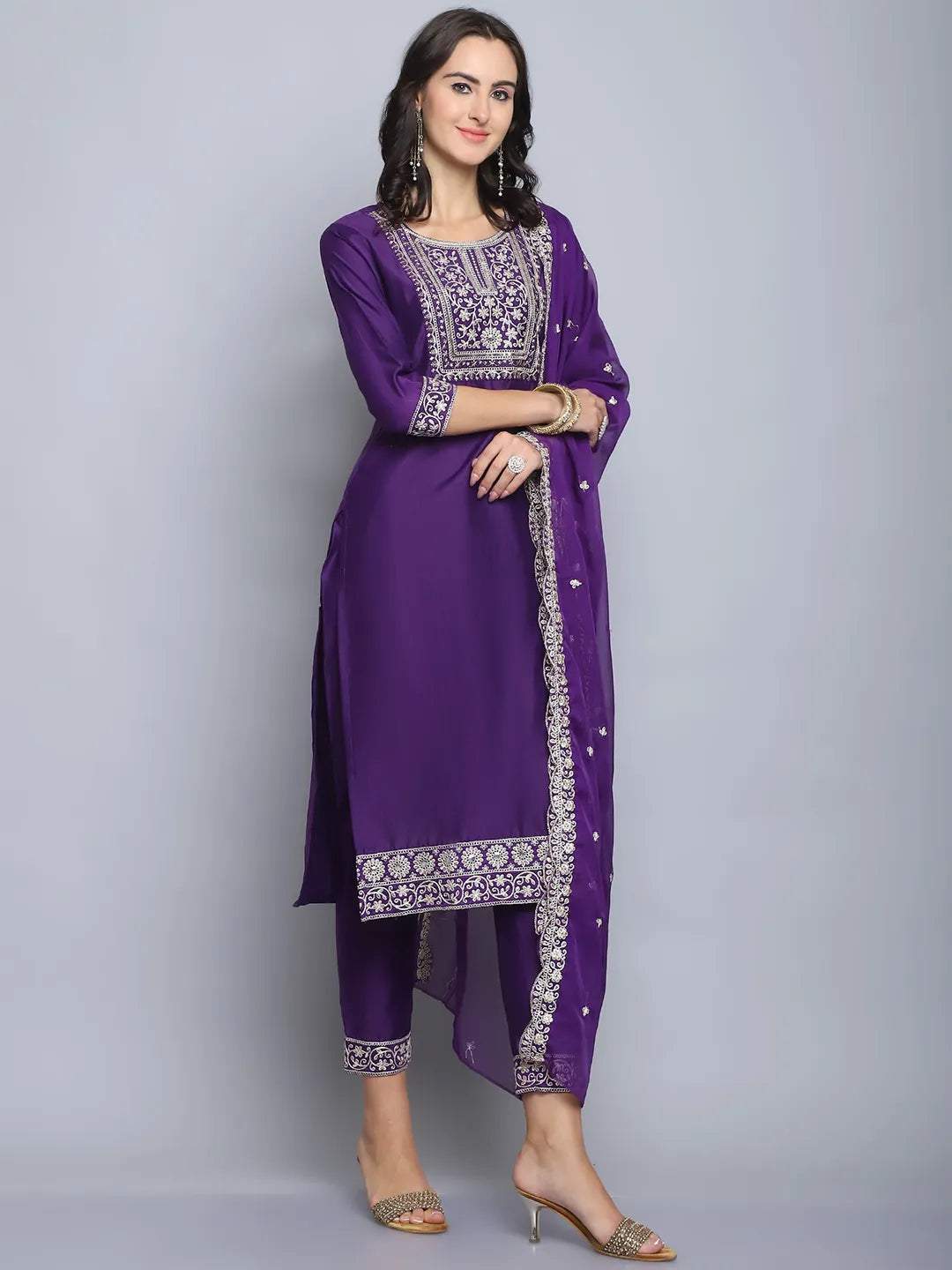 Purple Emboridery Work Silk Kurta Set