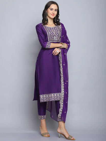 Purple Emboridery Work Silk Kurta Set