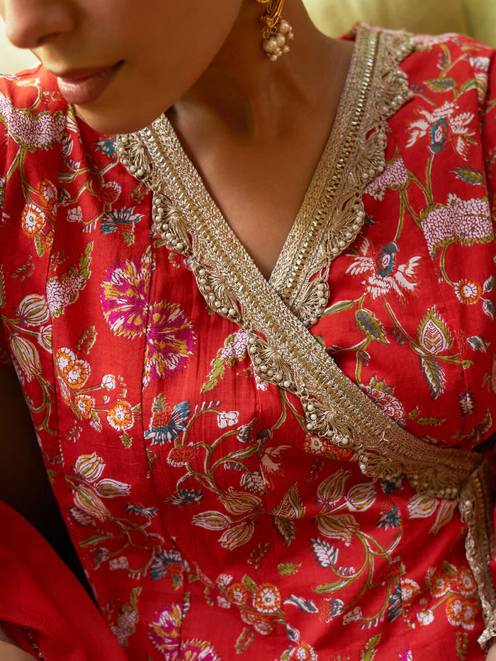 Cotton Red Floral Kurta Set