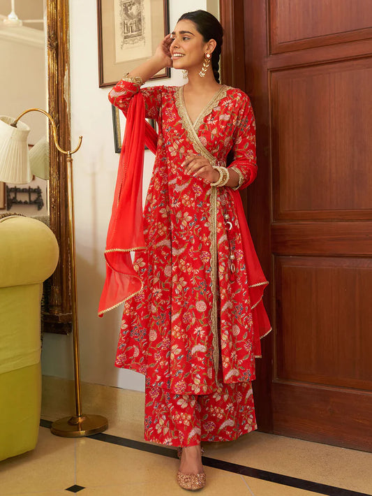 Cotton Red Floral Kurta Set