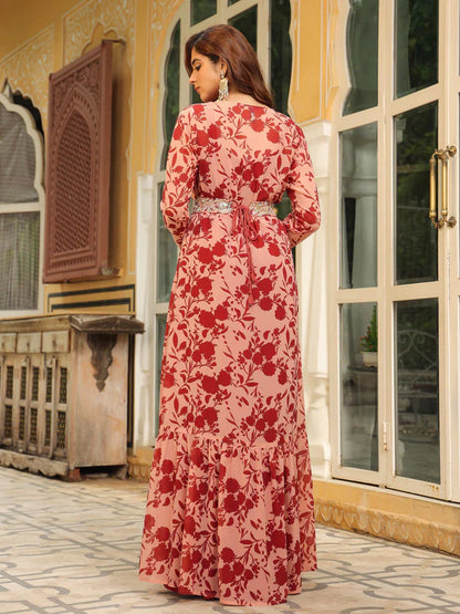 Red Floral Print Embroidered Georgette Dress with Jacket