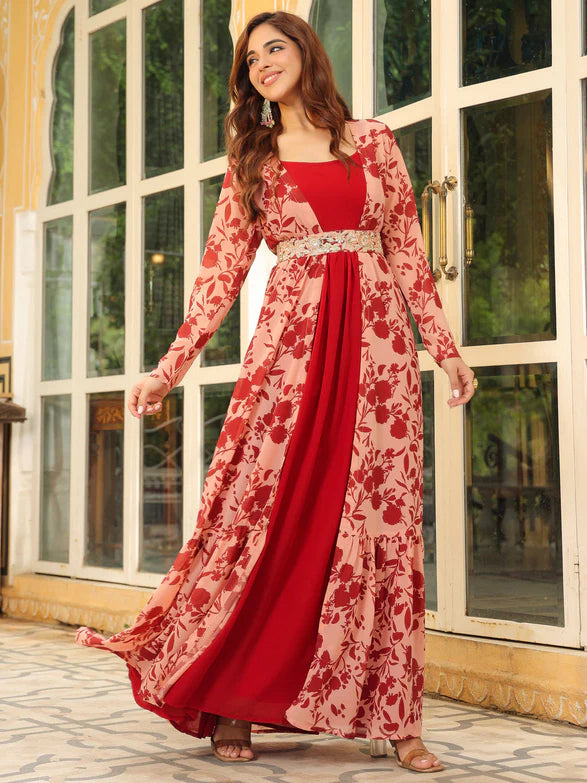 Red Floral Print Embroidered Georgette Dress with Jacket