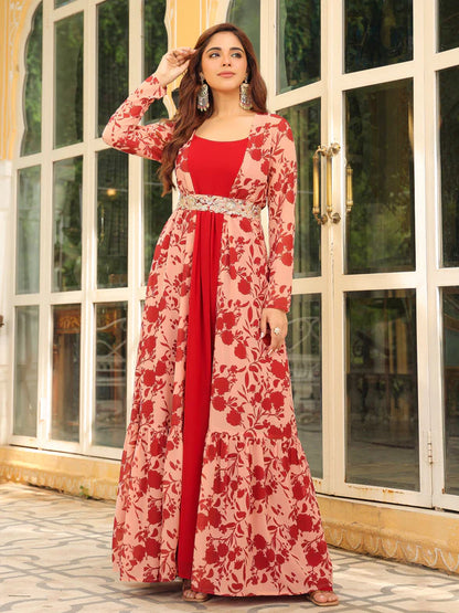 Red Floral Print Embroidered Georgette Dress with Jacket