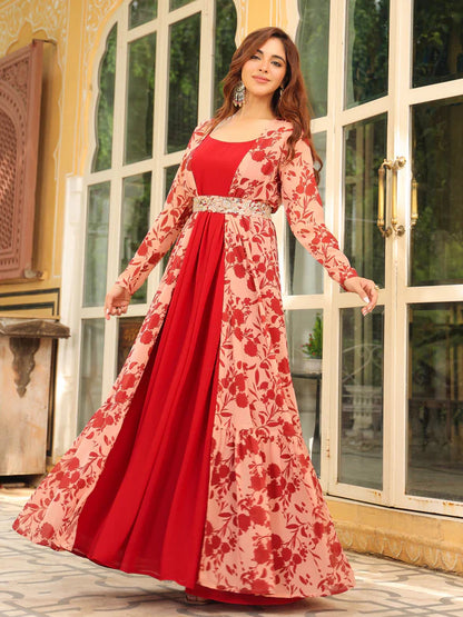 Red Floral Print Embroidered Georgette Dress with Jacket