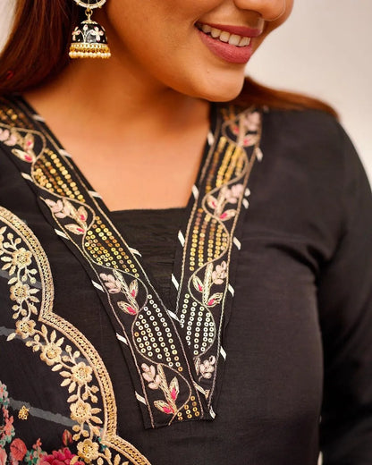 Mix Viscose Black Embroidered Kurta Set