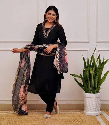 Mix Viscose Black Embroidered Kurta Set
