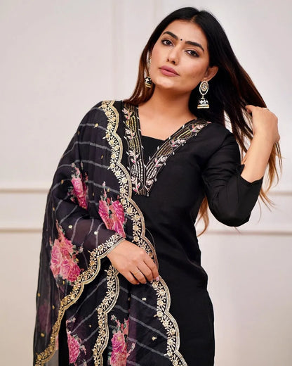 Mix Viscose Black Embroidered Kurta Set