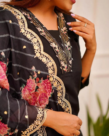 Mix Viscose Black Embroidered Kurta Set