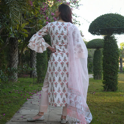 White Mix Viscose Block Print Floral Kurta Set