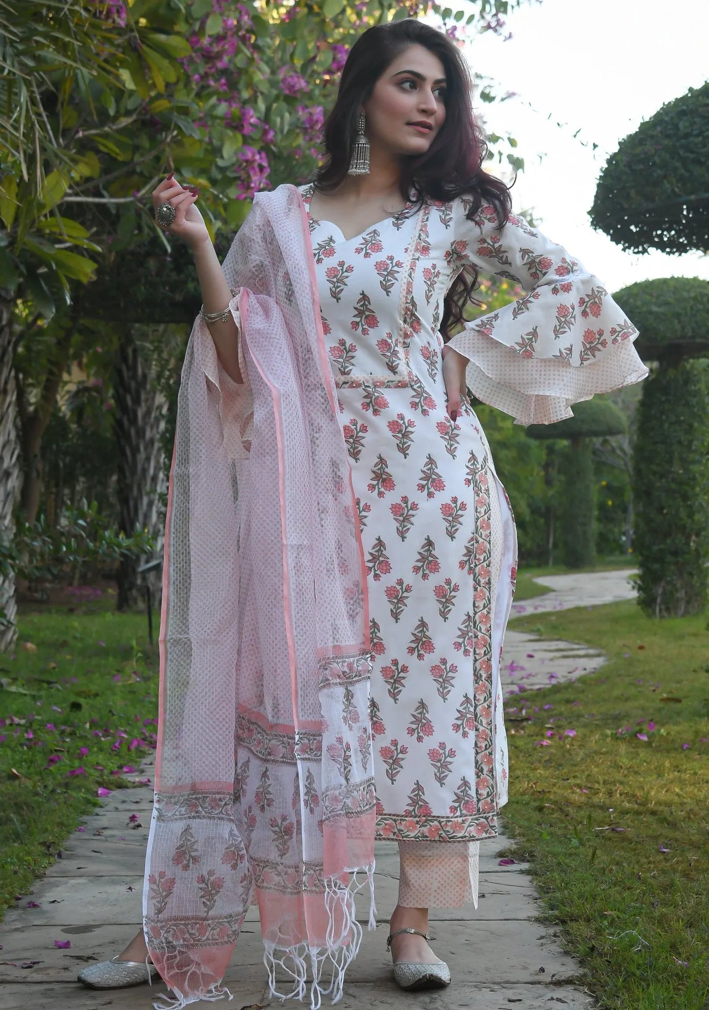 White Mix Viscose Block Print Floral Kurta Set