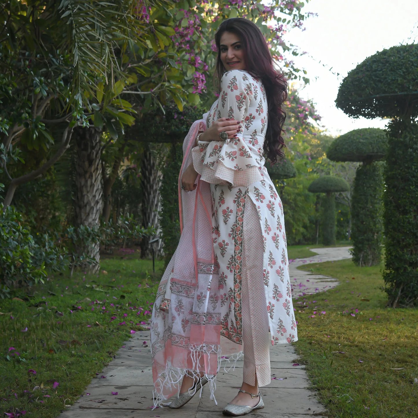 White Mix Viscose Block Print Floral Kurta Set