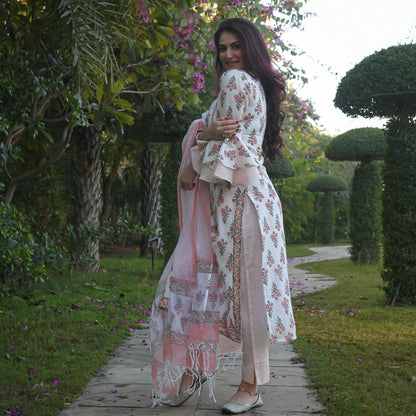 White Mix Viscose Block Print Floral Kurta Set