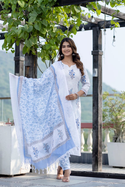 White Floral Print Mix Viscose Suit