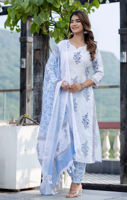 White Floral Print Mix Viscose Suit