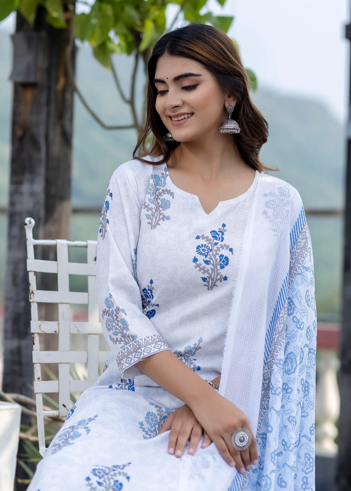 White Floral Print Mix Viscose Suit