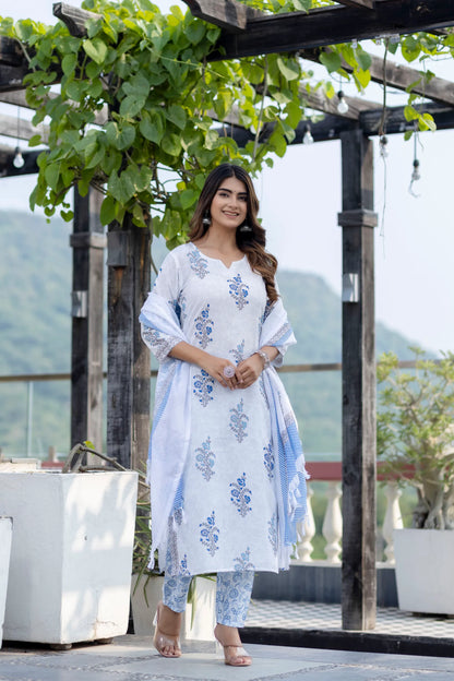 White Floral Print Mix Viscose Suit