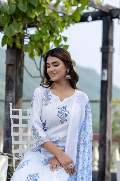 White Floral Print Mix Viscose Suit