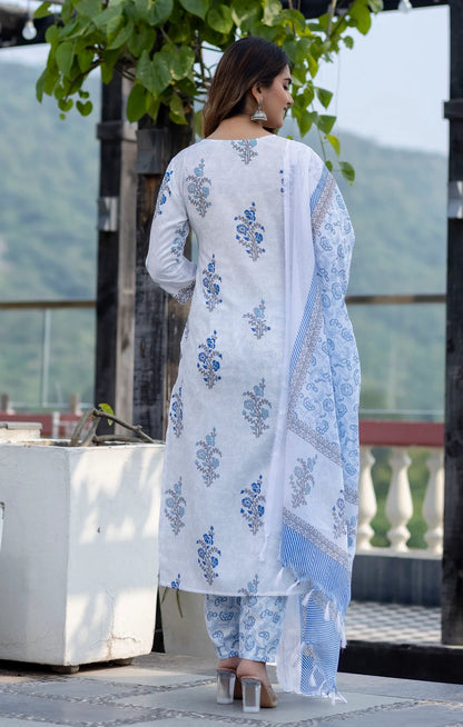 White Floral Print Mix Viscose Suit