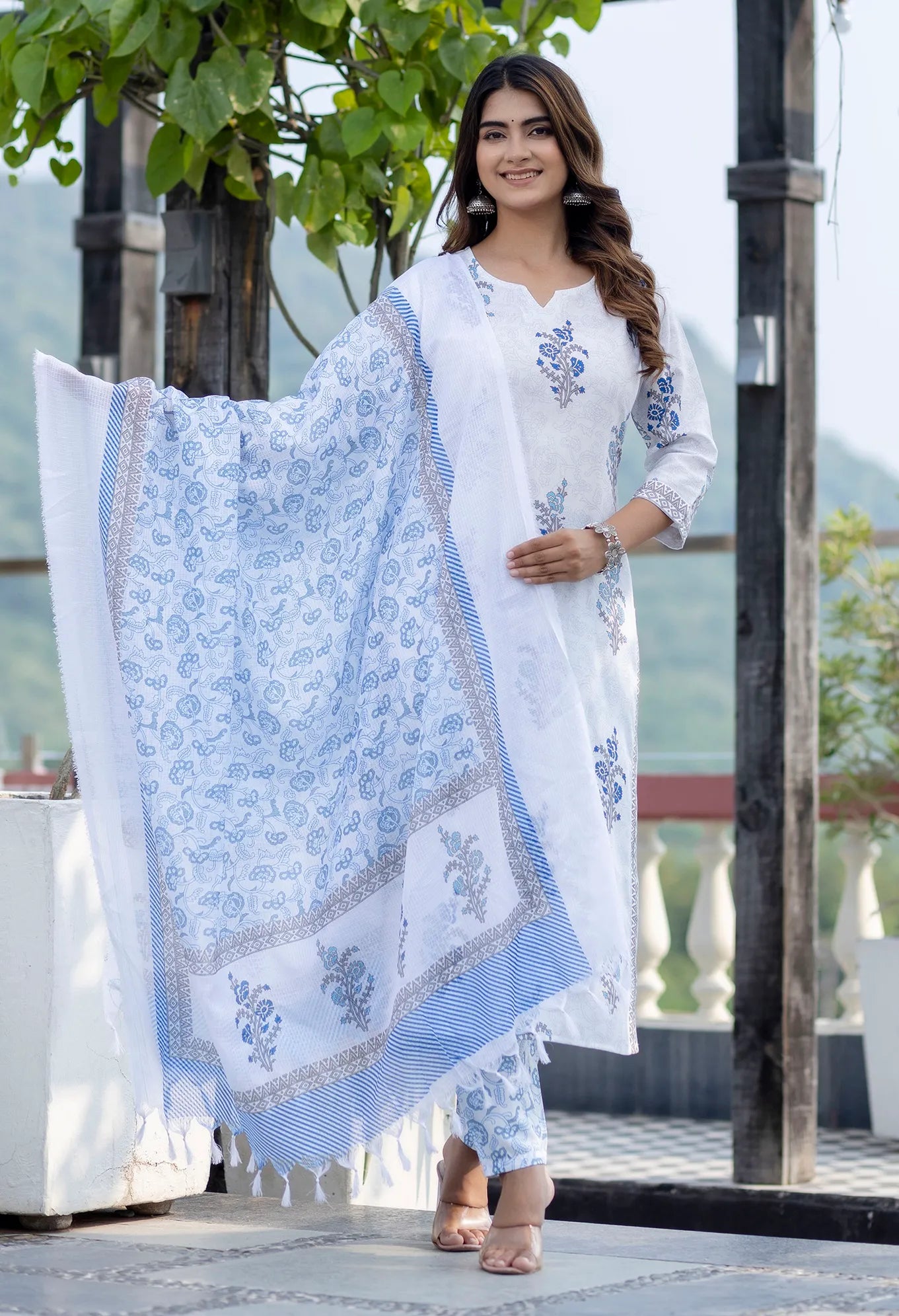 White Floral Print Mix Viscose Suit