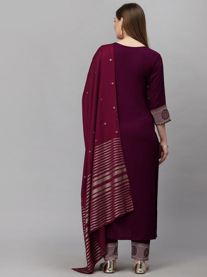 Wine Embroidery Work Cotton Blend A Line Kurta Set