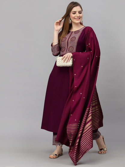 Wine Embroidery Work Cotton Blend A Line Kurta Set