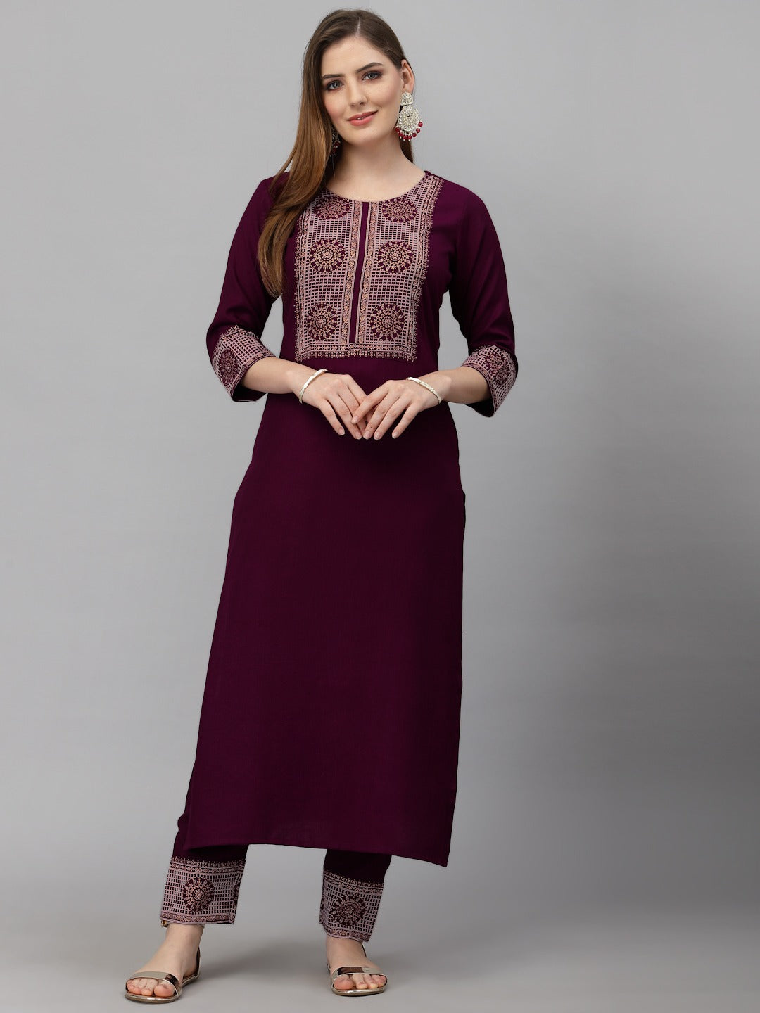 Wine Embroidery Work Cotton Blend A Line Kurta Set