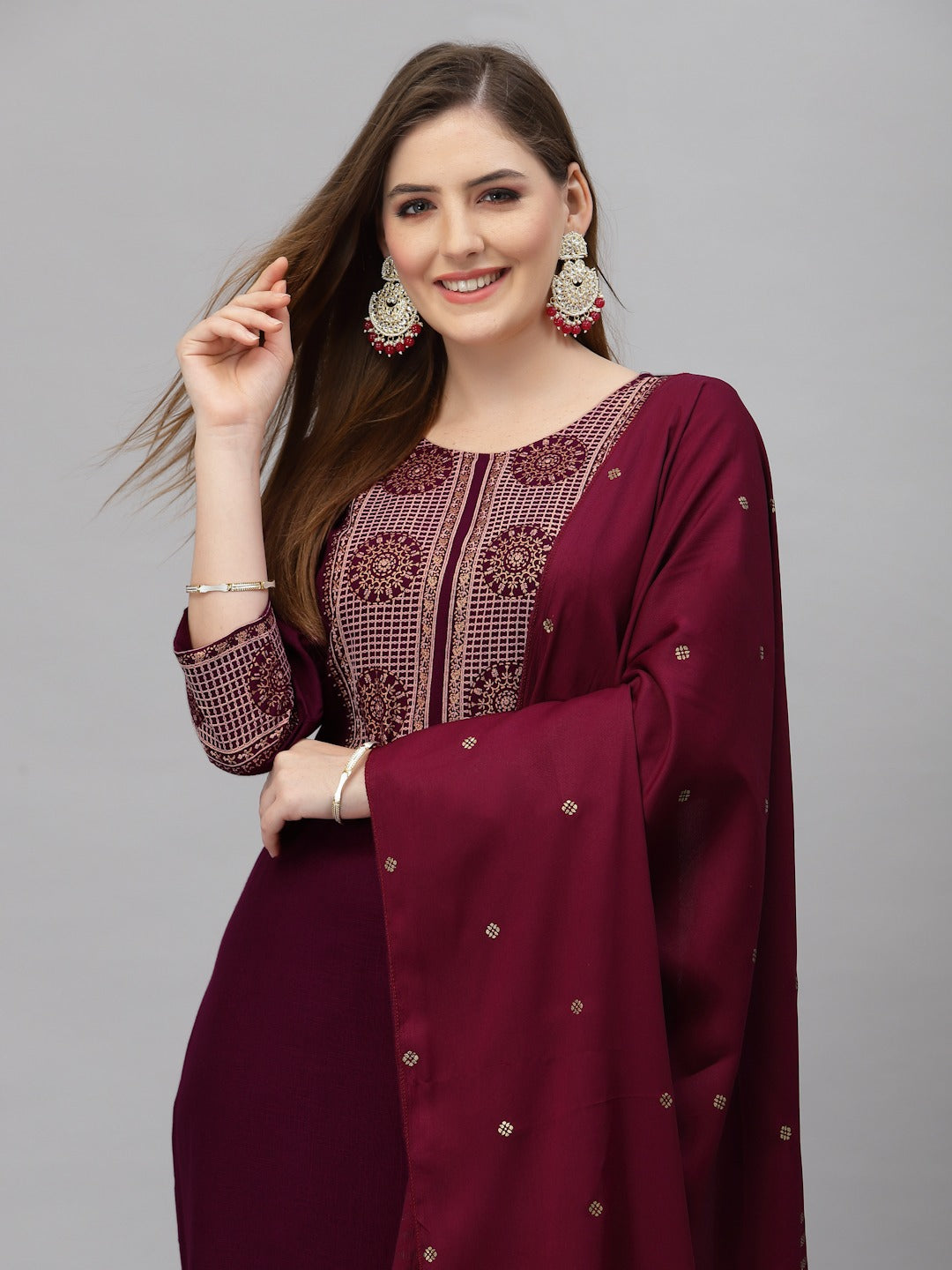 Wine Embroidery Work Cotton Blend A Line Kurta Set