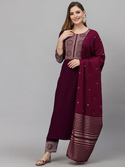 Wine Embroidery Work Cotton Blend A Line Kurta Set