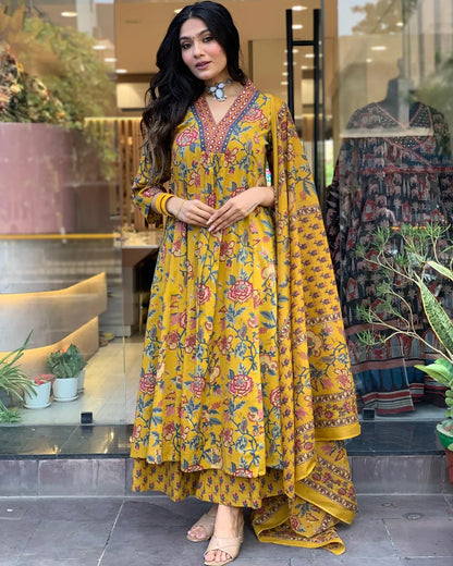 Yellow Motifs Mix Viscose V Neckline Kurta Set