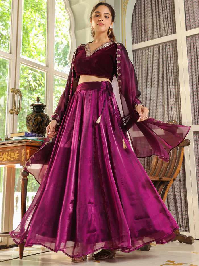 Purple Velvet Blouse with Organza Zari Embroidery Lehenga Set